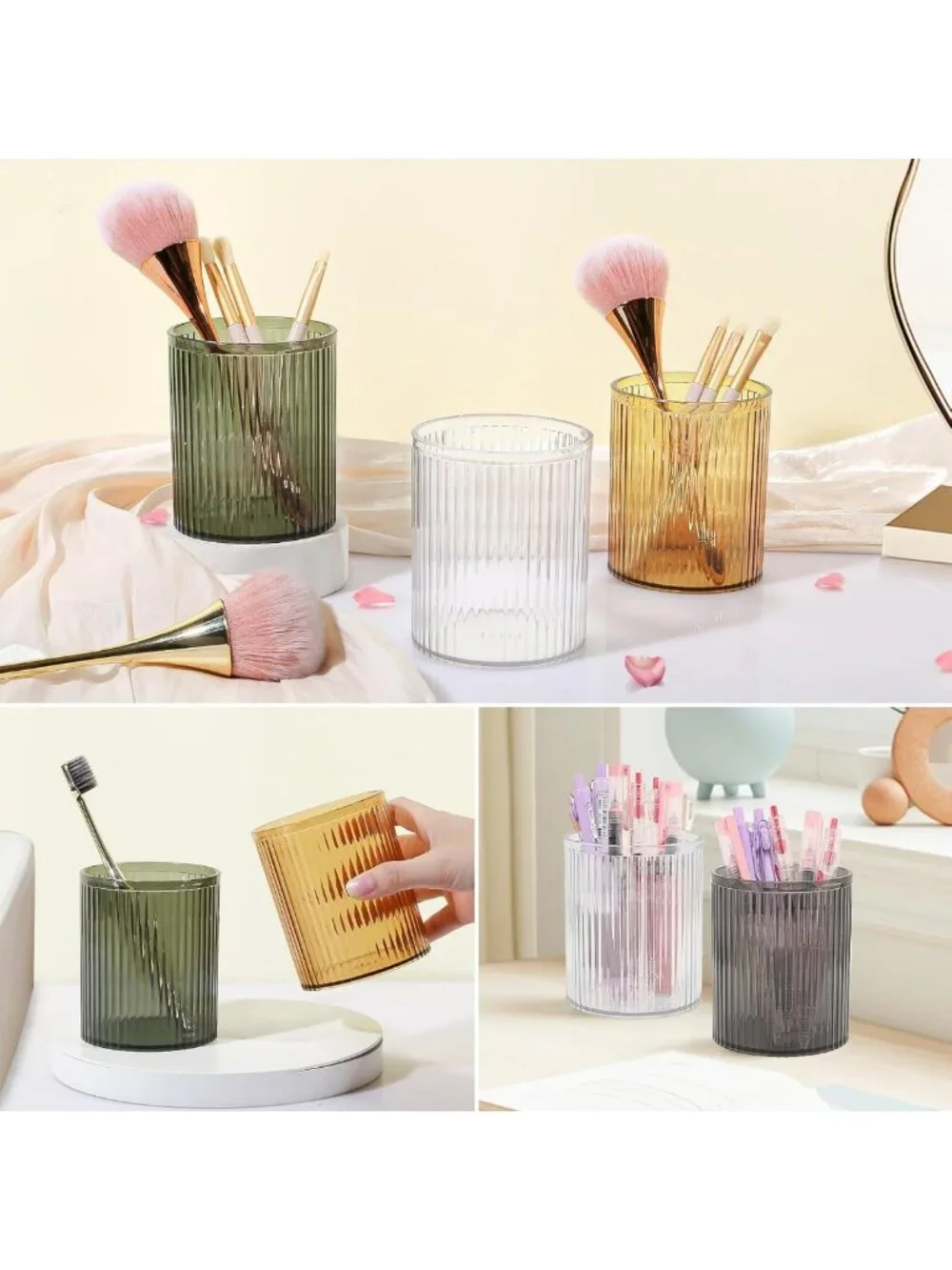 Stylish Acrylic Makeup Brush Holder & Organizer - Vintage Striped Design for